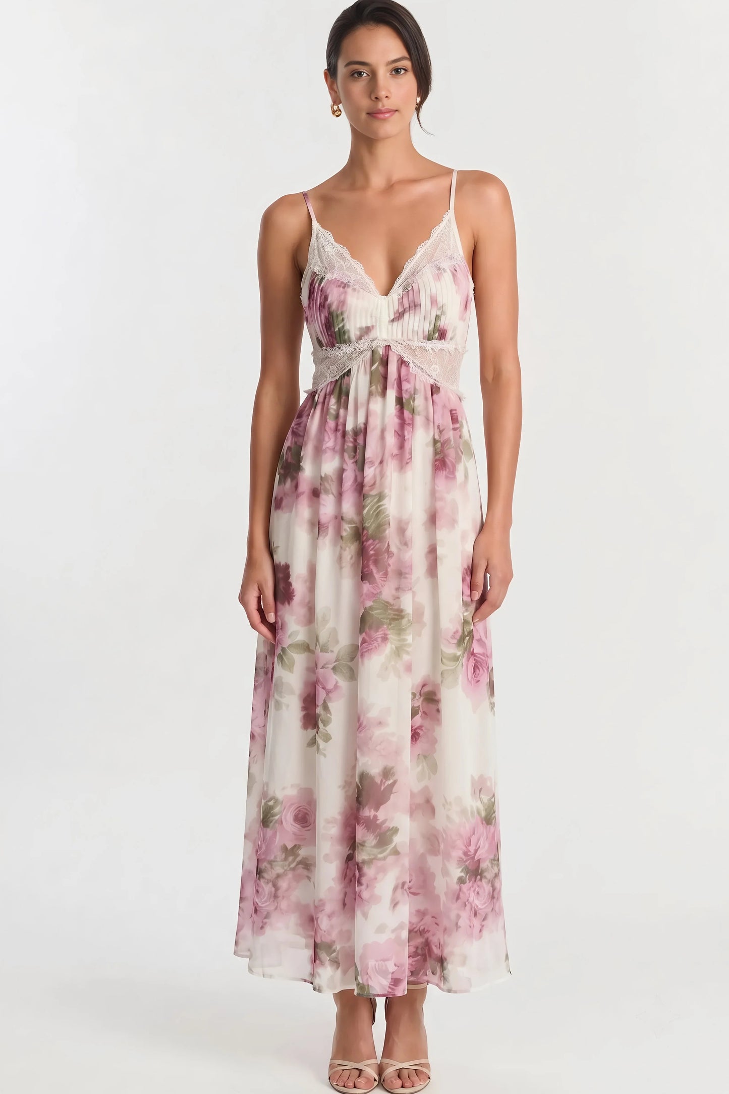 Floral Lace-Trim Open-Back Midi Dress
