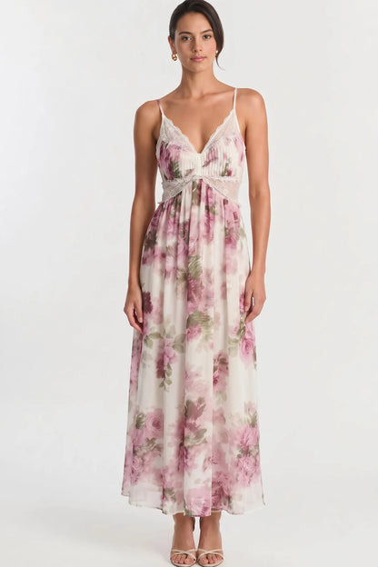 Floral Lace-Trim Open-Back Midi Dress