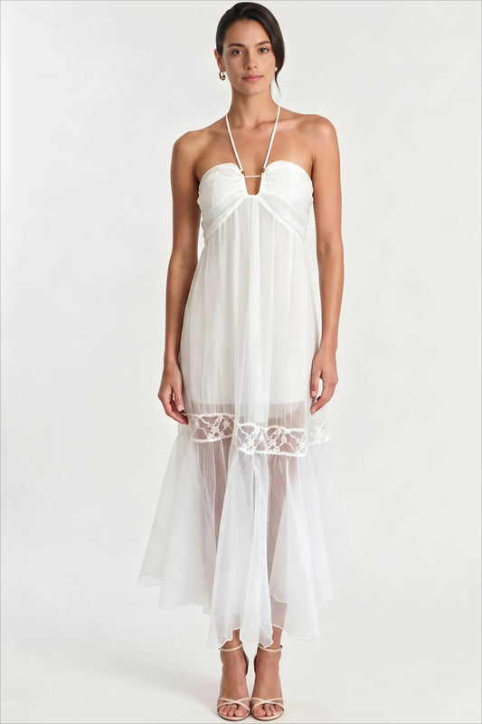 The French Halter Lace Trim Midi Dress