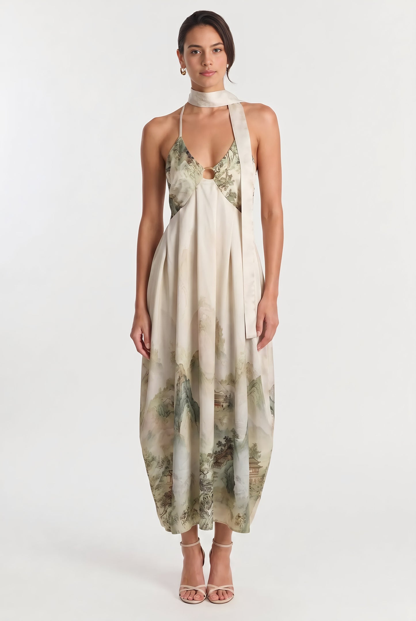 Ink-Wash Cutout Halter Maxi Dress