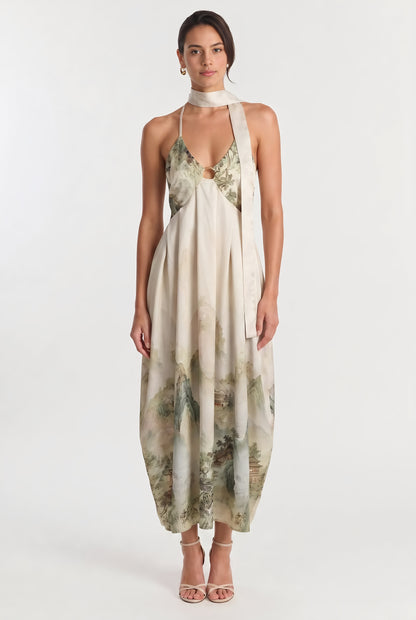 Ink-Wash Cutout Halter Maxi Dress