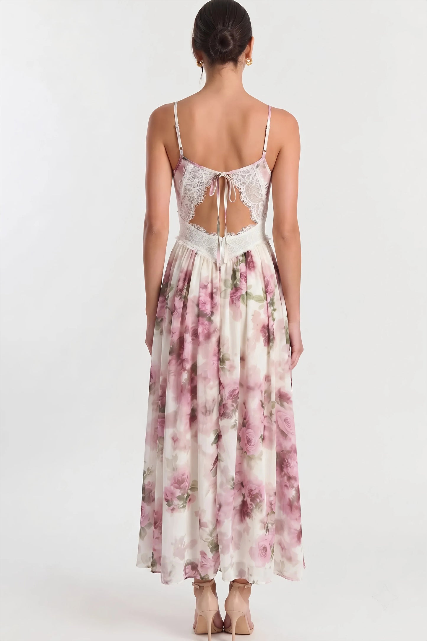 Floral Lace-Trim Open-Back Midi Dress