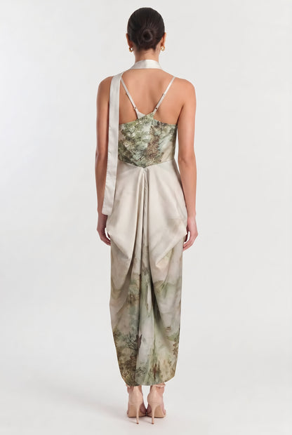 Ink-Wash Cutout Halter Maxi Dress