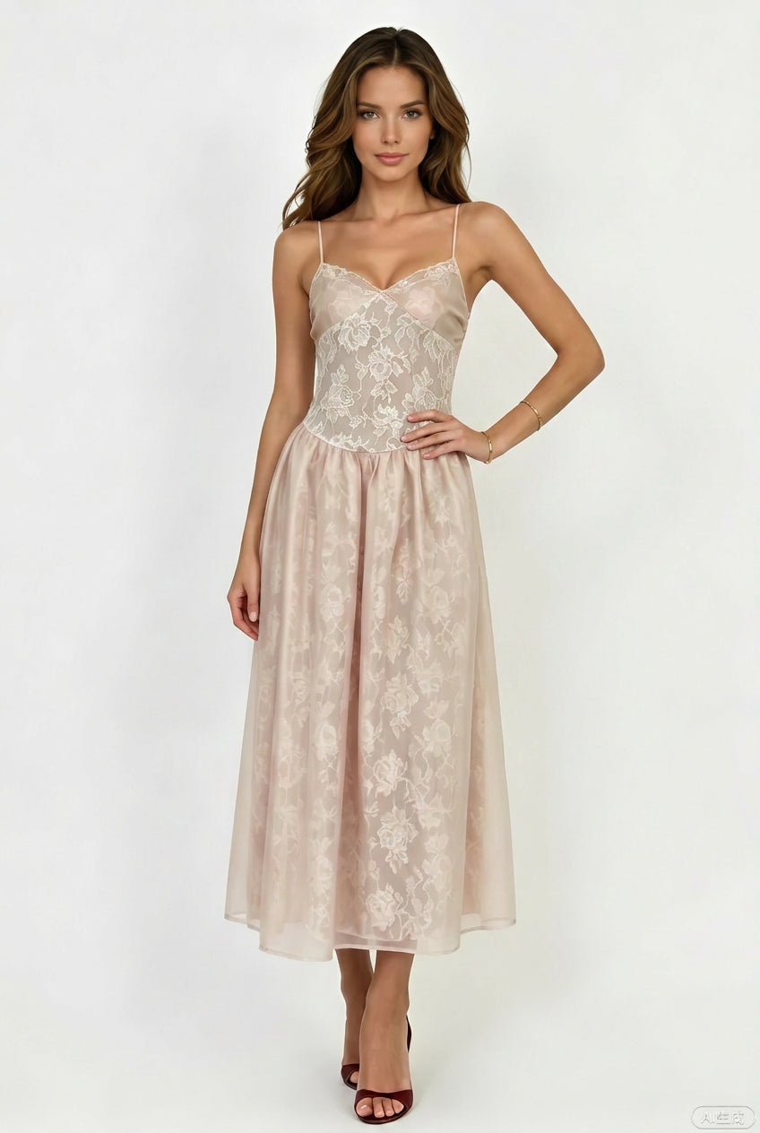 The Rose Jacquard Cinched-Waist Midi Dress