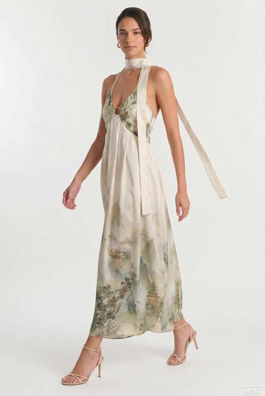 Ink-Wash Cutout Halter Maxi Dress