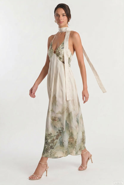 Ink-Wash Cutout Halter Maxi Dress
