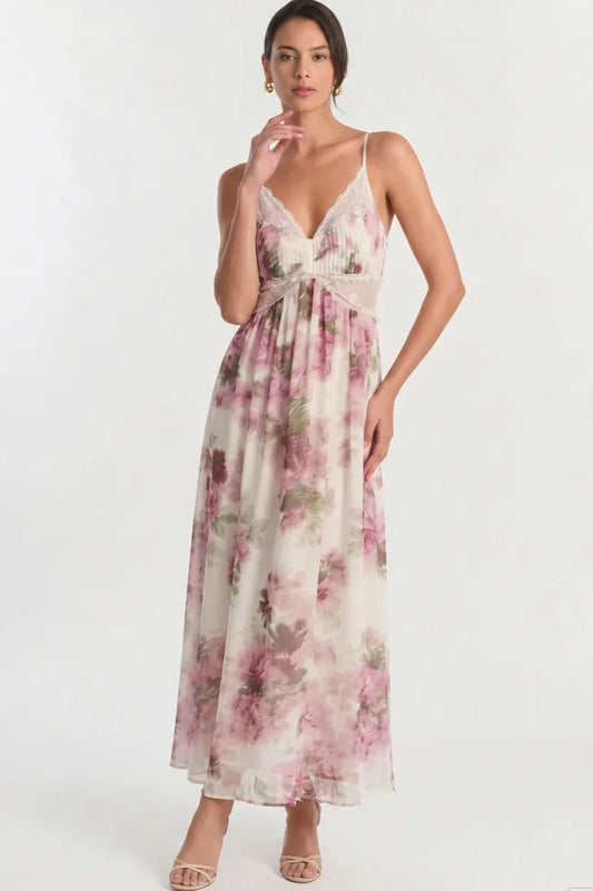 Floral Lace-Trim Open-Back Midi Dress
