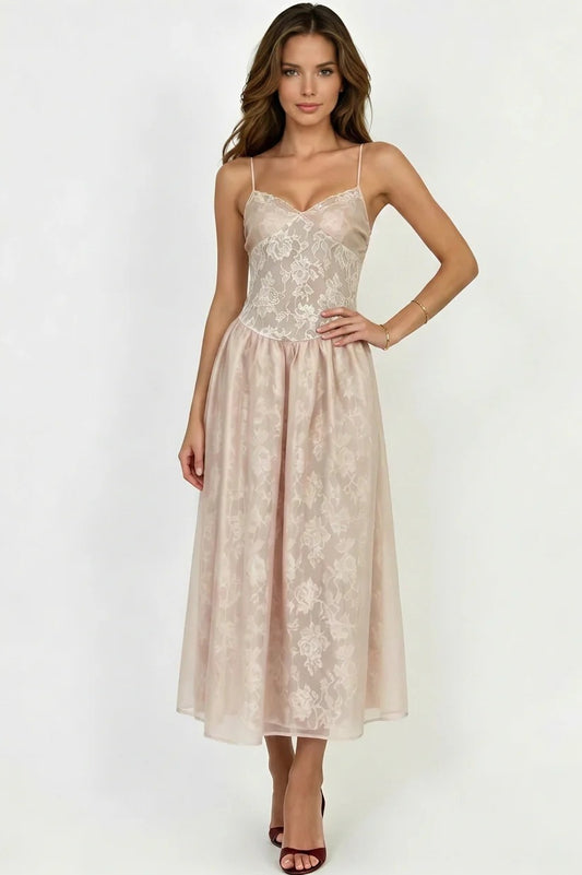 The Rose Jacquard Cinched-Waist Midi Dress